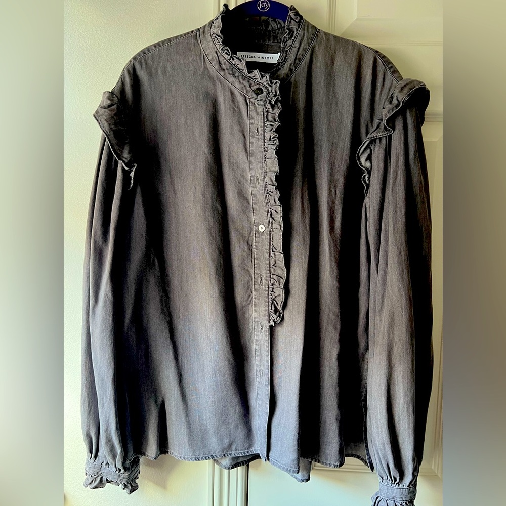 Rebecca Minkoff grey denim ruffle blouse